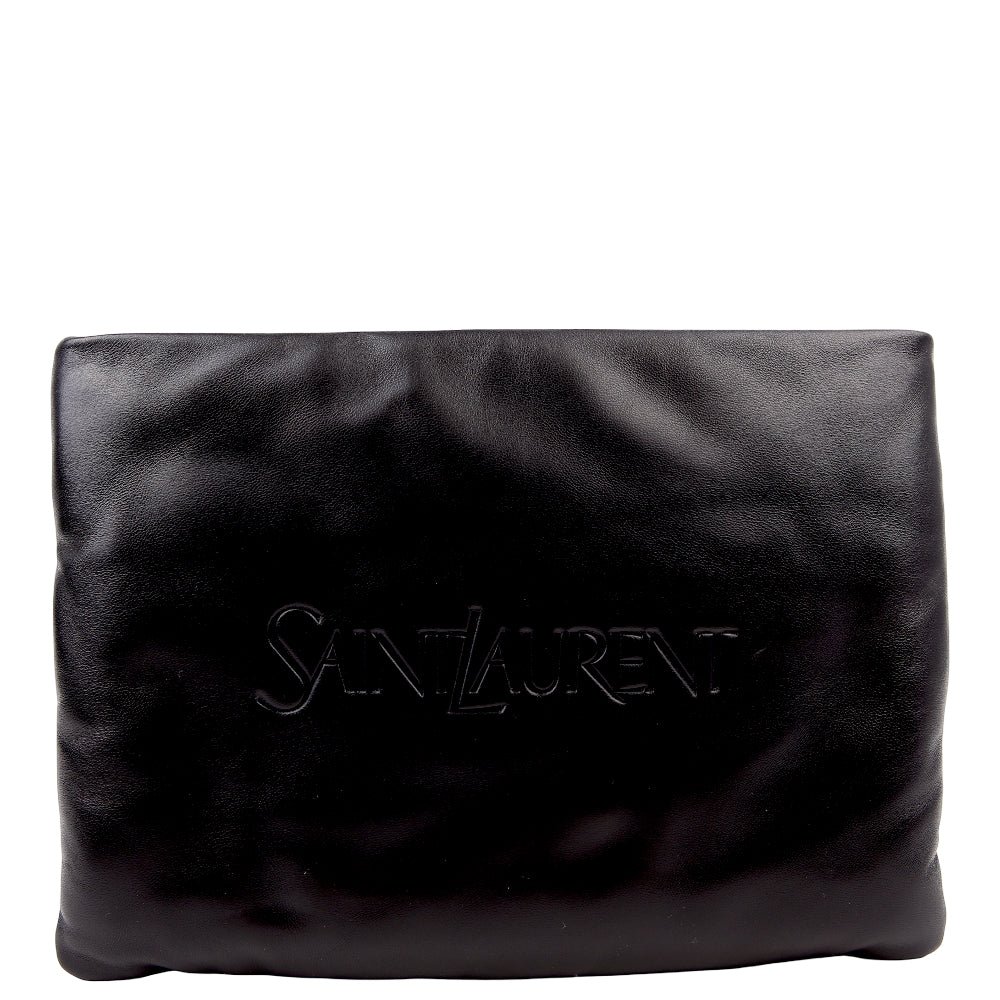 Saint Laurent Large Puffy Pouch in black lambskin, front three-quarter view
