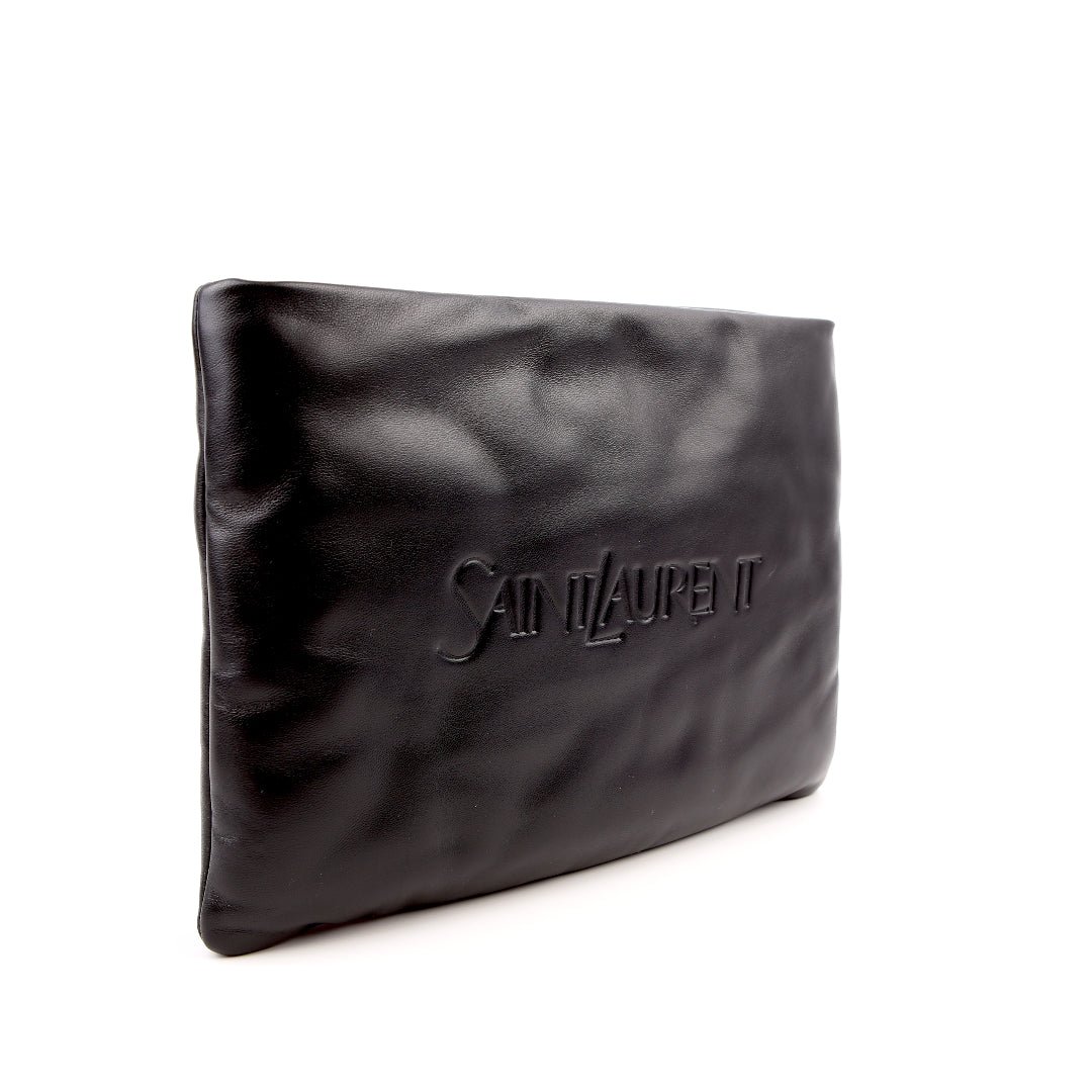 Saint Laurent Large Puffy Pouch in black lambskin, front elevation