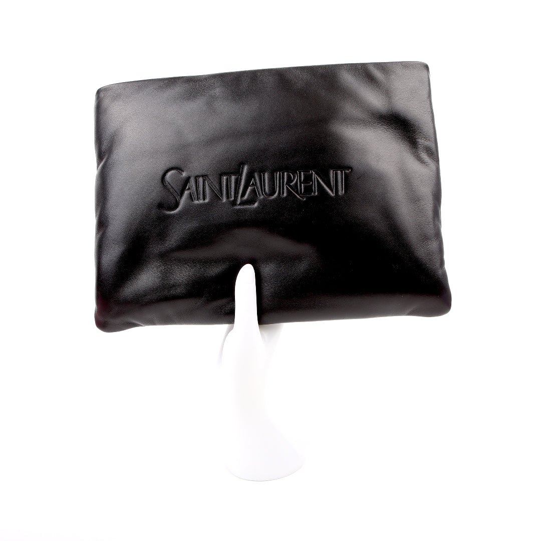 Saint Laurent Large Puffy Pouch in black lambskin, full perspective