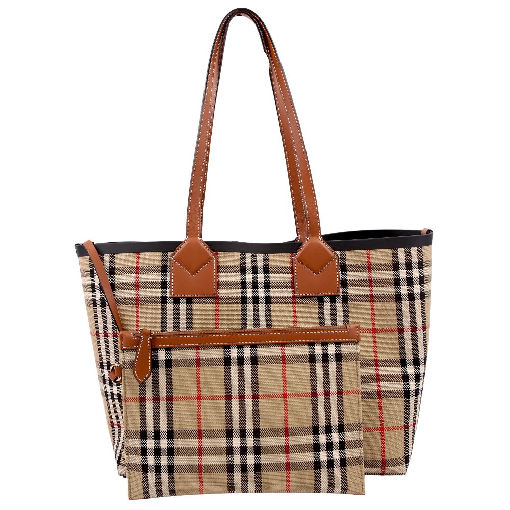 1785167536823HEZ8X7UJNQZCJFZIIQJX.jpg Pre-Owned Burberry London Check Tote with Pouch Small Tan | Tan and Black - Image 1