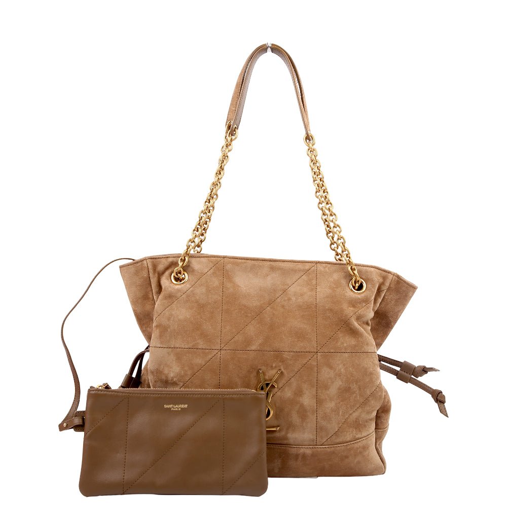 178526727422077FZST9FS9A2KBHBTDHH.jpg Pre-Owned Saint Laurent Jamie Shopping Small Suede Tan | Tan and Gold - Image 1