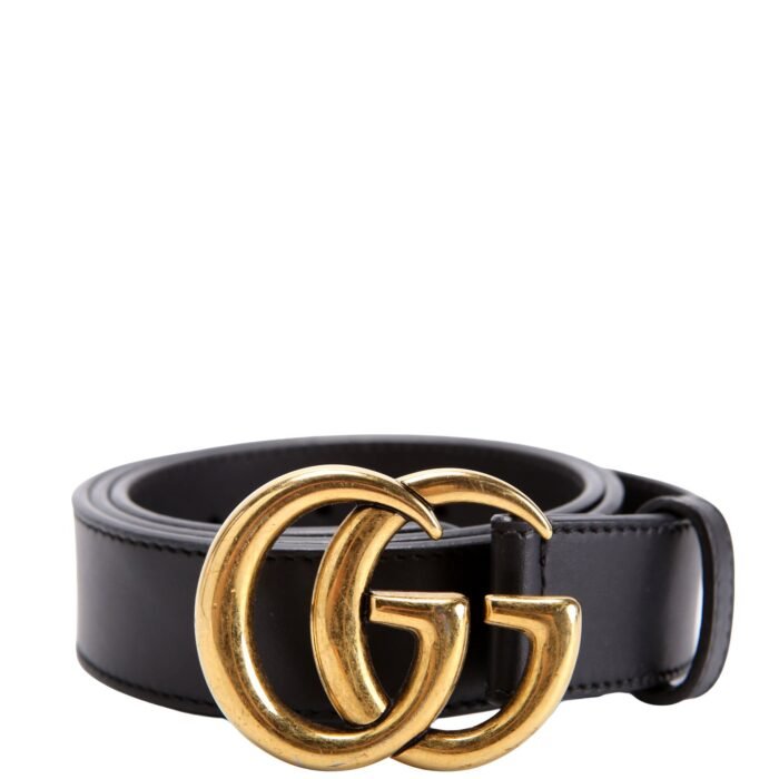 GG Marmont Belt Size 80/32 front view in black with gold-tone buckle