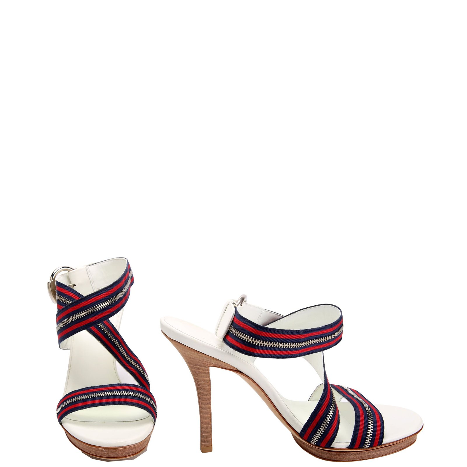 178674472503989MXC0F5PEZXXGUTDVN8.jpg Pre-Owned Cross Zip Web Sandal Heels Size 37 Red/White/Blue - Image 1