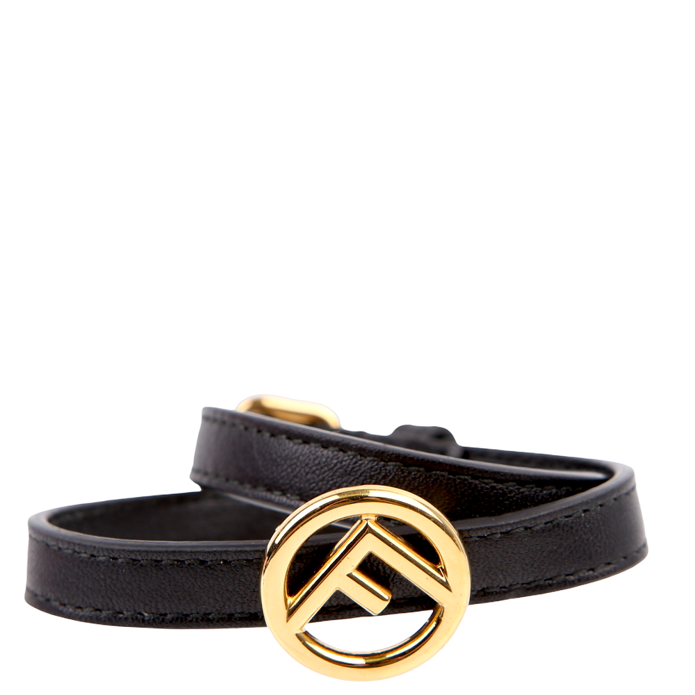 178732228616296KHXXH0DC1454FJ1FU0.png Pre-Owned F is Fendi Leather Double Wrap Bracelet Black/Gold | Black and Gold - Image 1