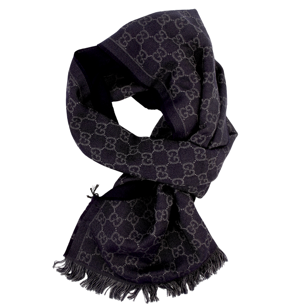 178732237507424N2EI51TDVKMPQLBBJ1.png Pre-Owned Gucci 544619 GG Jacquard Knit Scarf Black - Image 1