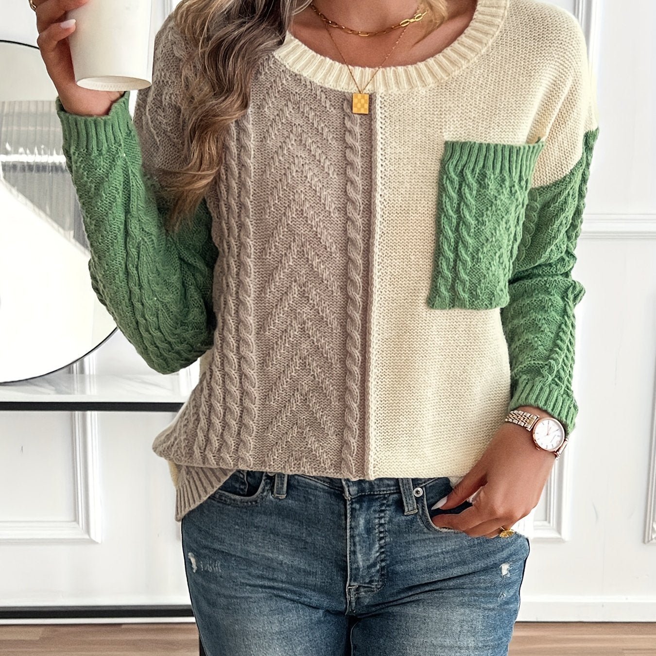 Women's Color Block Cable Knit Sweater – Relaxed Crew Neck Pullover | Esme
