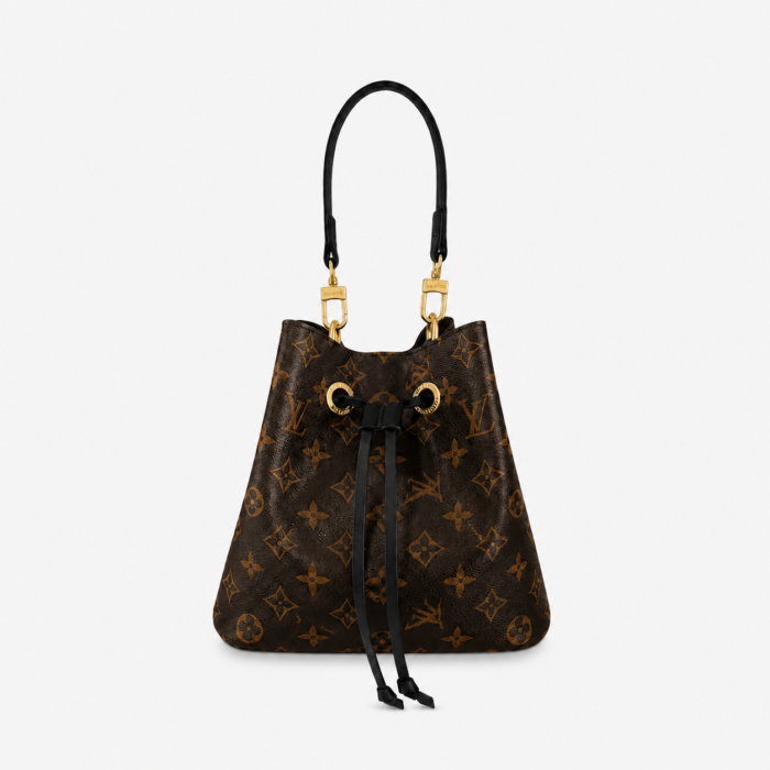Women Leather Monogram Drawstring Bucket Shoulder Bag Dark Brown