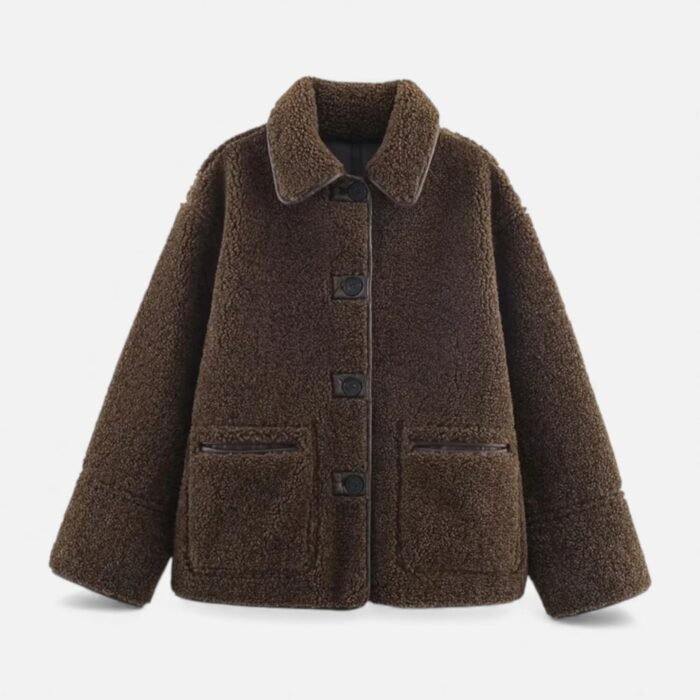 Women's Brown Teddy Jacket – Collared Sherpa Fleece Jacket