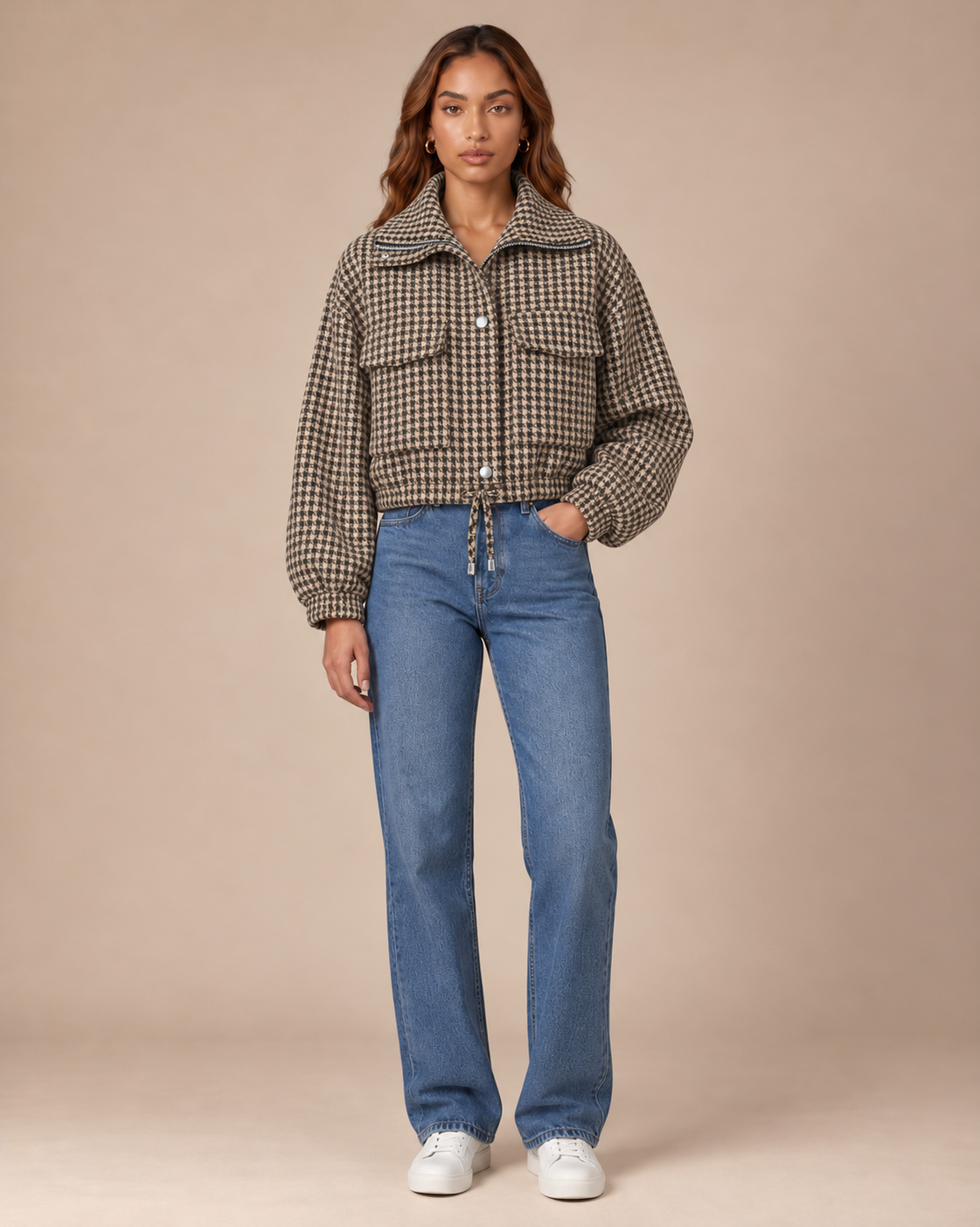 Hazel | Women's Cropped Houndstooth Bomber Jacket
