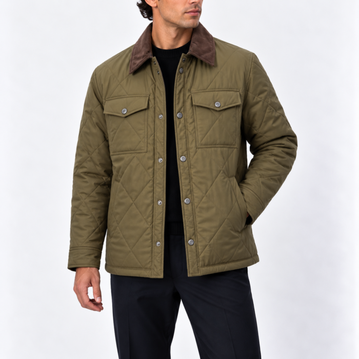 Men's Diamond Quilted Jacket – Corduroy Collar Button Front Jacket
