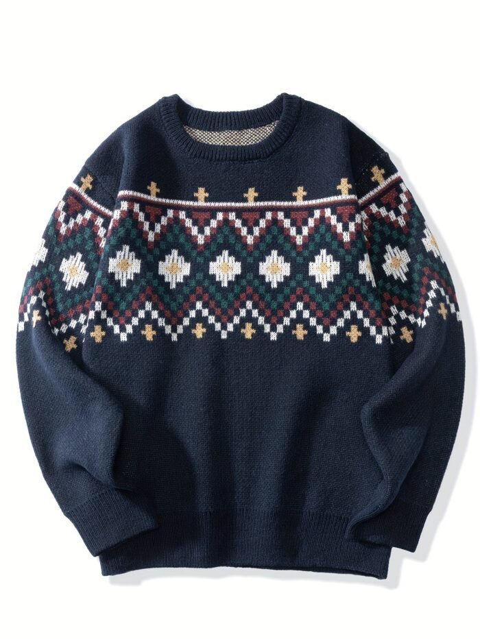 Men's Heritage Patterned Sweater – Crew Neck Knit Pullover | Rhys