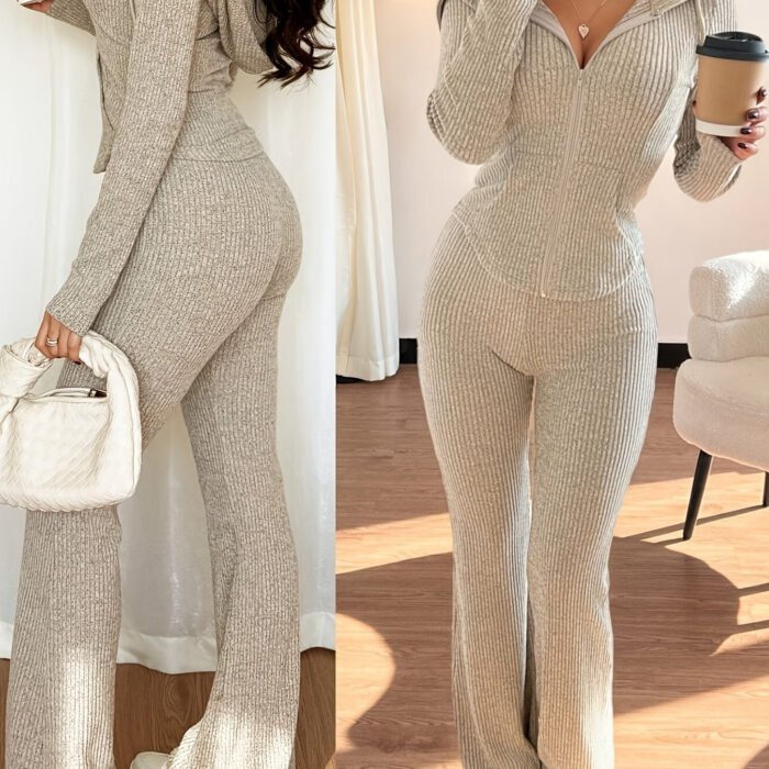 Women's Ribbed Knit Lounge Set – Zip-Up Jacket & Flared Pants Two-Piece Set | Cassia