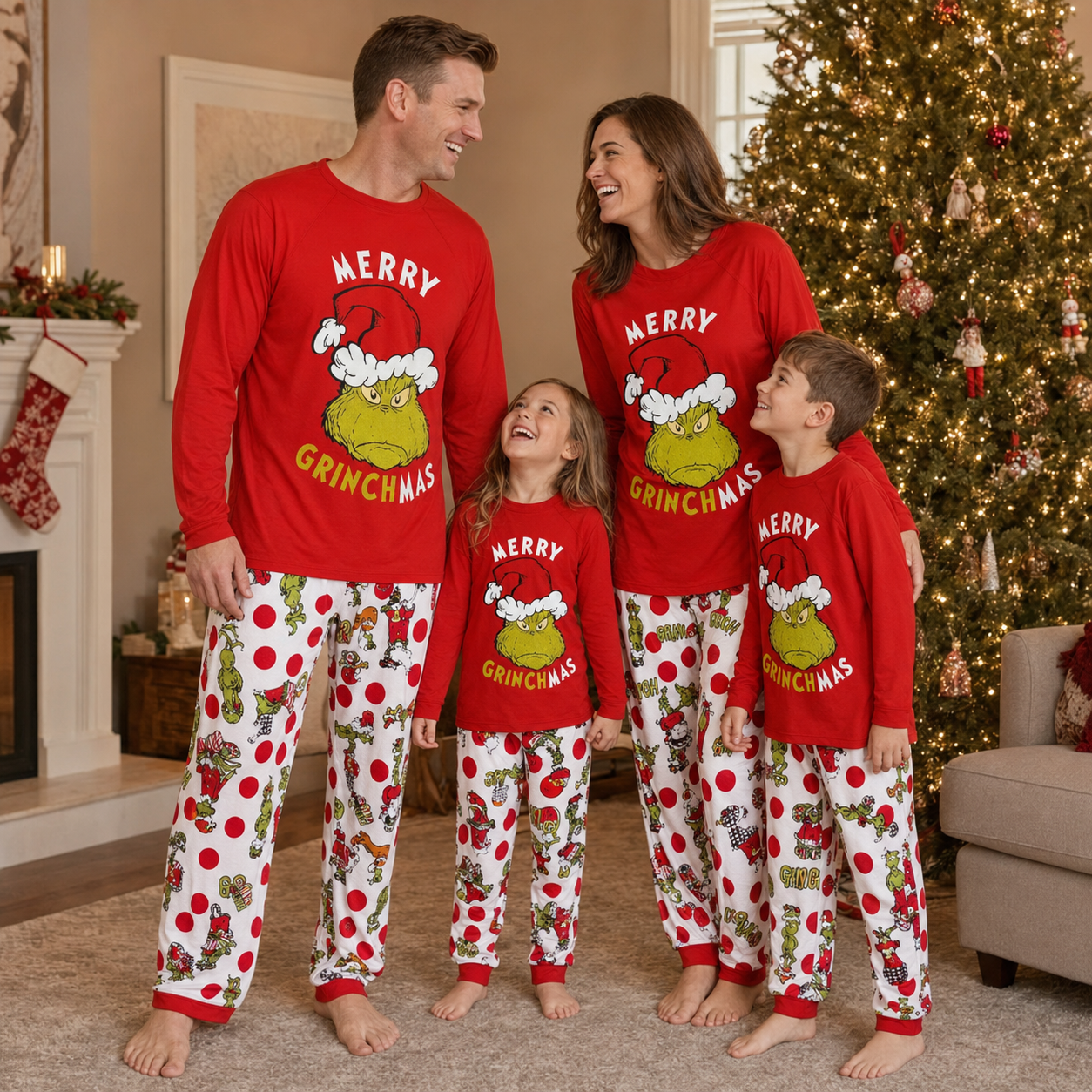 Matching Family Christmas Pajamas – Red Print Sets with Dog Sizes