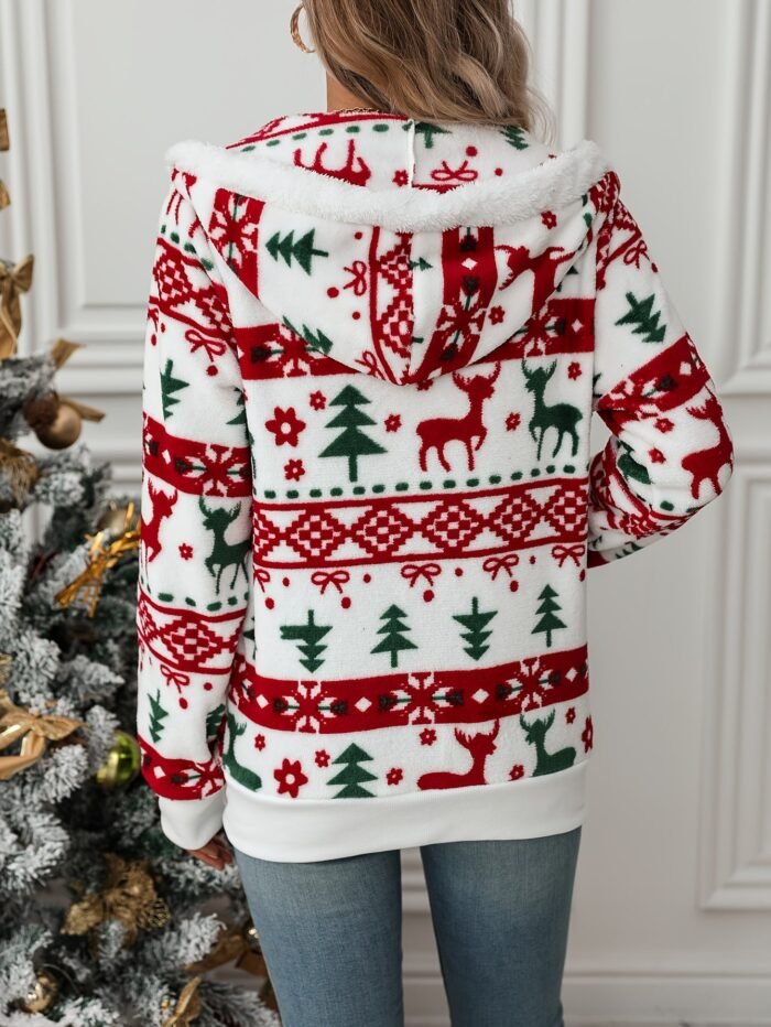 Women's Christmas Hooded Zip Cardigan – Festive Print Knit Sweater | Coraline