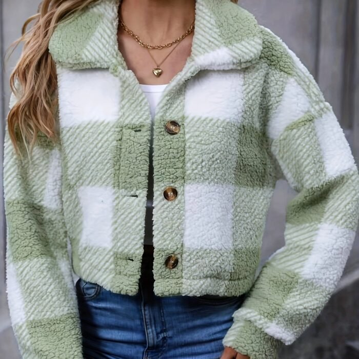 Women's Cropped Plaid Jacket – Plush Button Front Short Jacket | Marnie