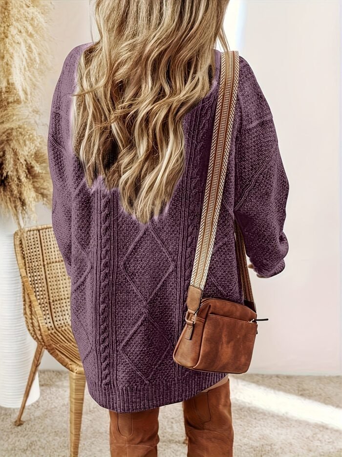 Women's Cable Knit Sweater Dress – Diamond Textured Round Neck Relaxed Knit Dress | Helene