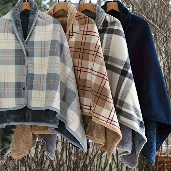 Women's Buttoned Wrap Shawl – Plaid Poncho Cape | Linnea