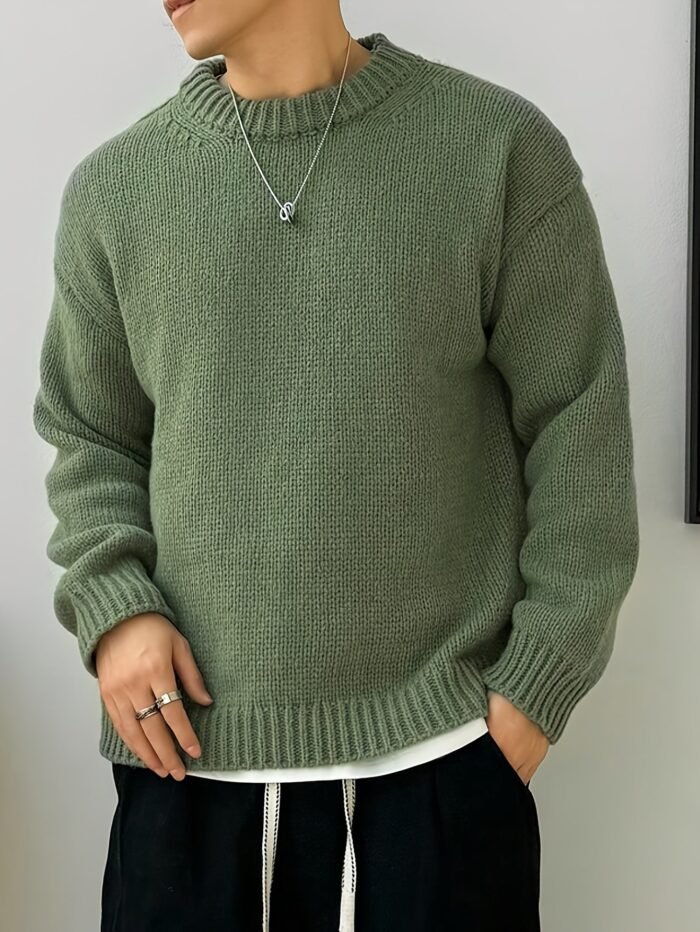 Men's Drop-Shoulder Knit Sweater – Relaxed Fit Crew Neck Pullover | Miles