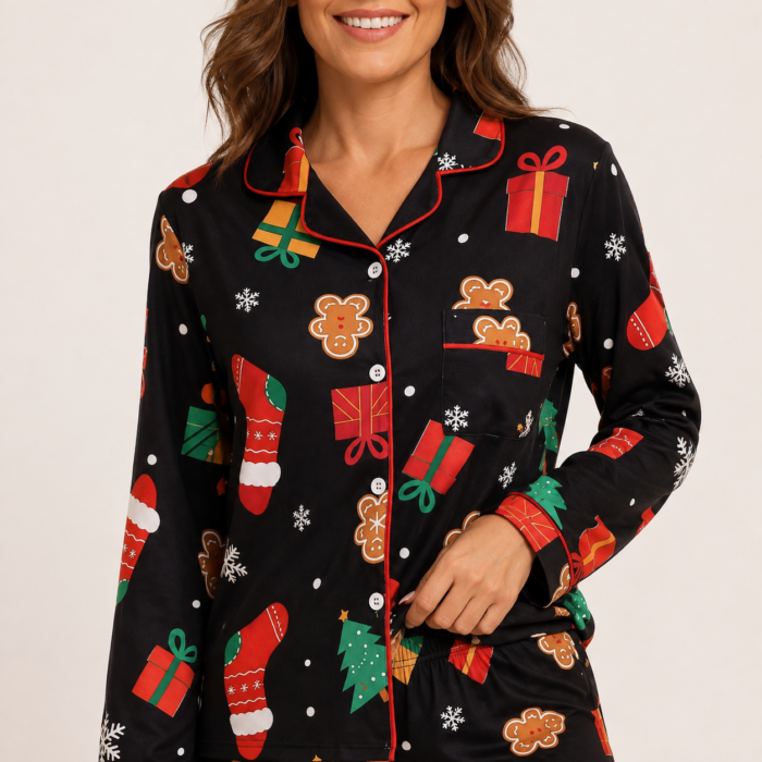 Christmas Pajama Set for Women, Long Sleeve with Turn-Down Collar