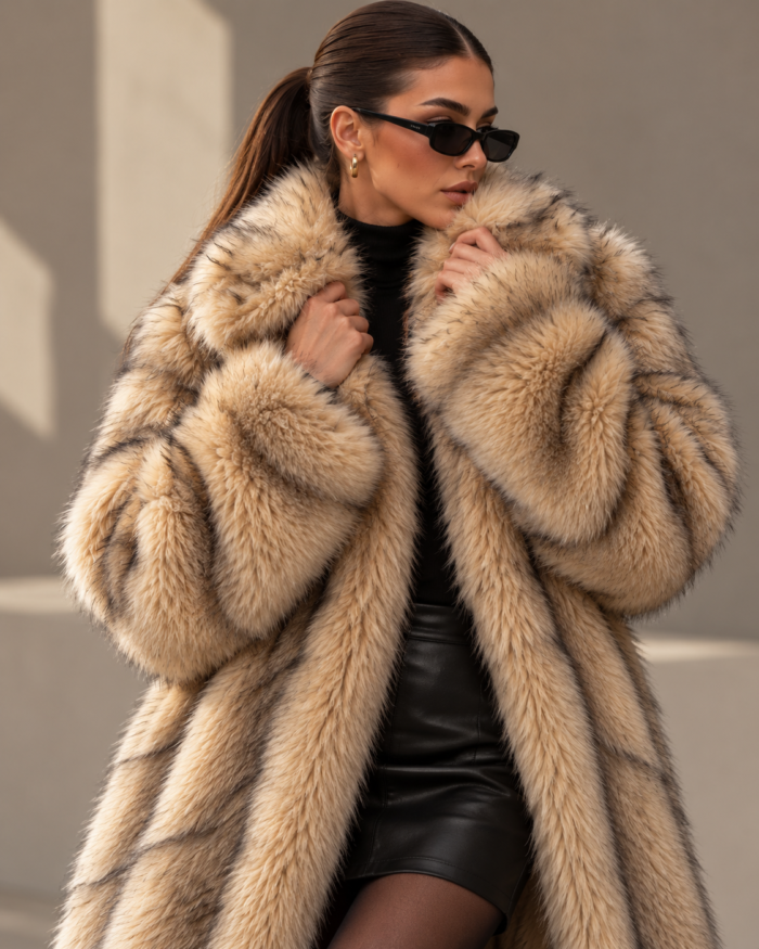Women's Long Faux Fur Coat – Apricot Longline Winter Coat