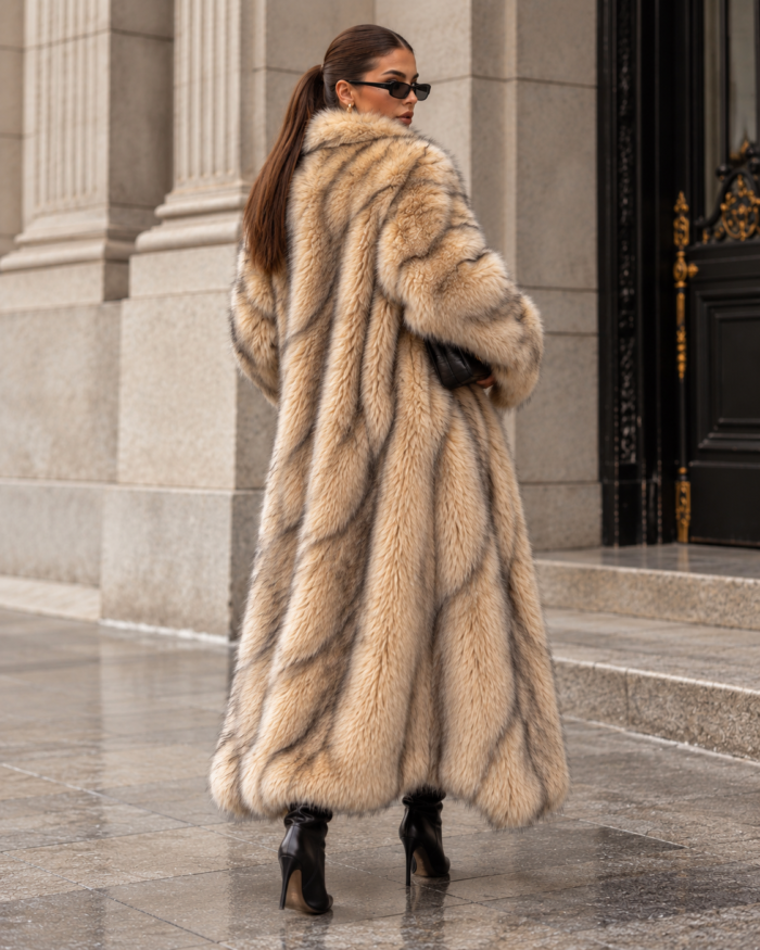 Women's Long Faux Fur Coat – Apricot Longline Winter Coat