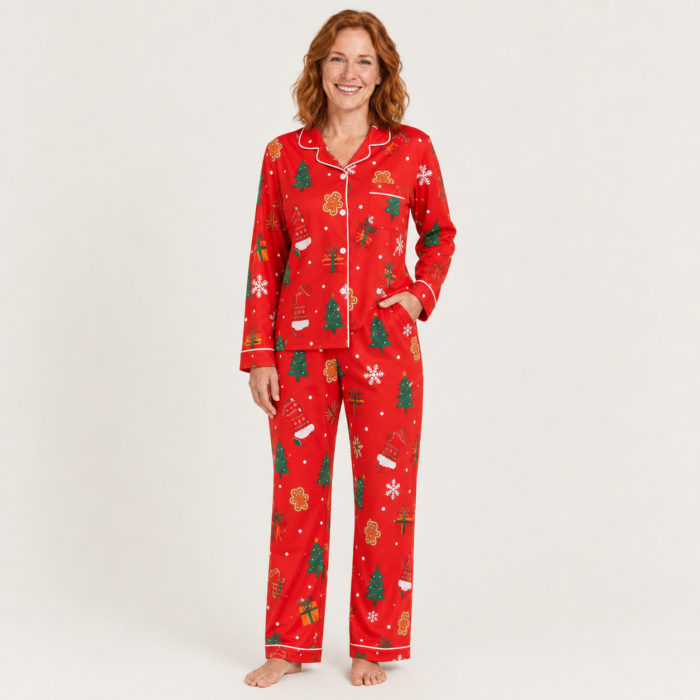 Women's Christmas Tree Pajama Set – Soft Stretch Knit Top & Pants