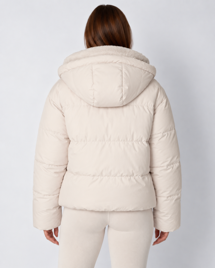 Women's Short Quilted Puffer Jacket – Detachable Hood with Faux Fur Trim