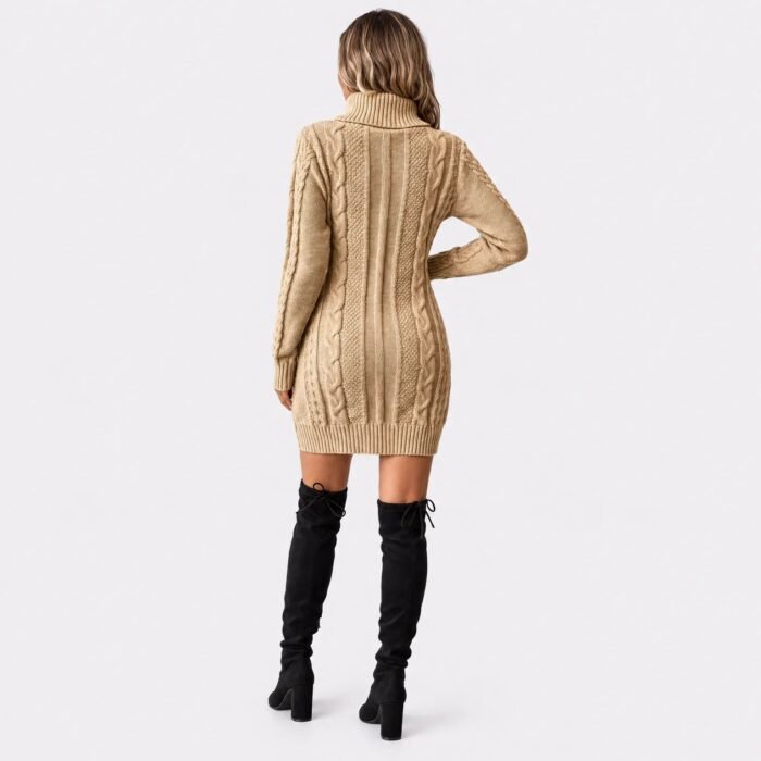 Women's Cable Knit Turtleneck Sweater Dress – Thick Knit Winter Dress | Eluneth