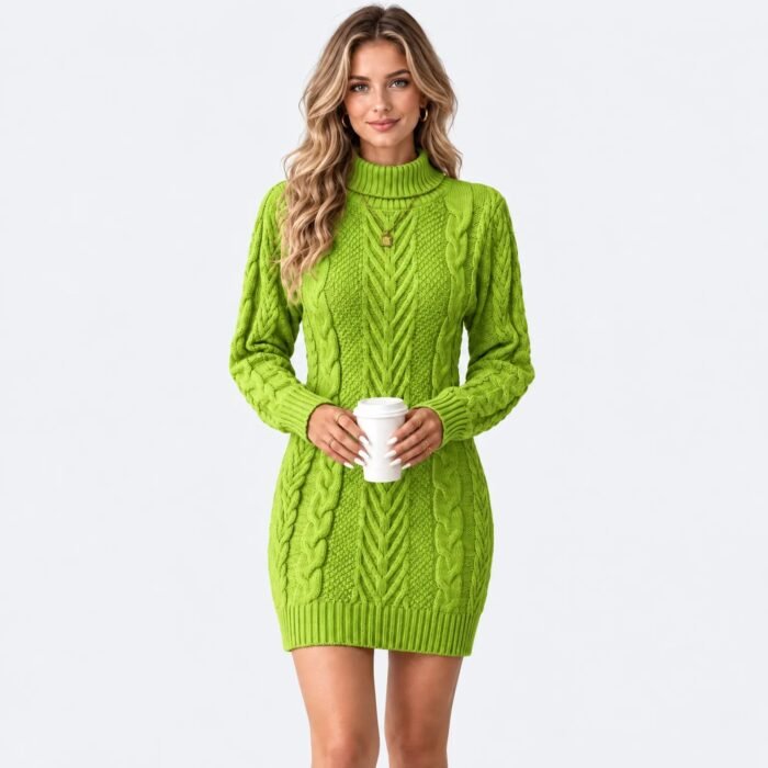 Women's Cable Knit Turtleneck Sweater Dress – Thick Knit Winter Dress | Eluneth