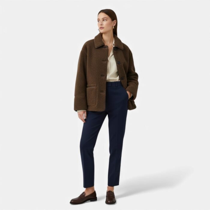 Women's Brown Teddy Jacket – Collared Sherpa Fleece Jacket