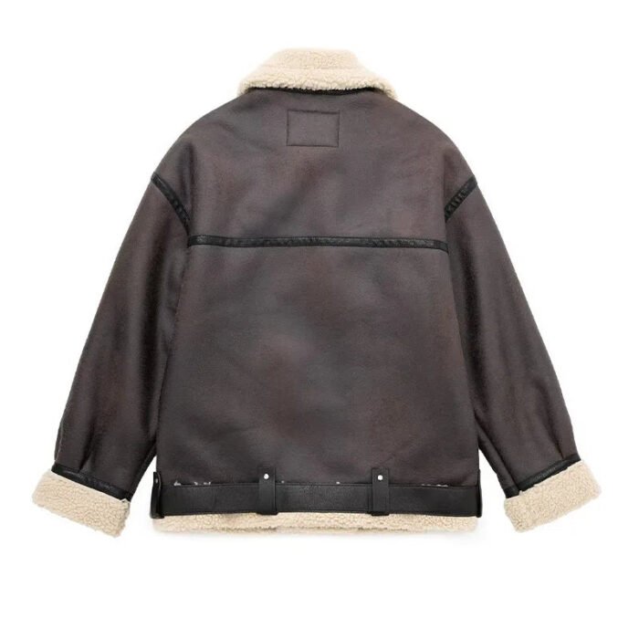 Women's Brown Aviator Jacket – Belted Faux Shearling Winter Jacket