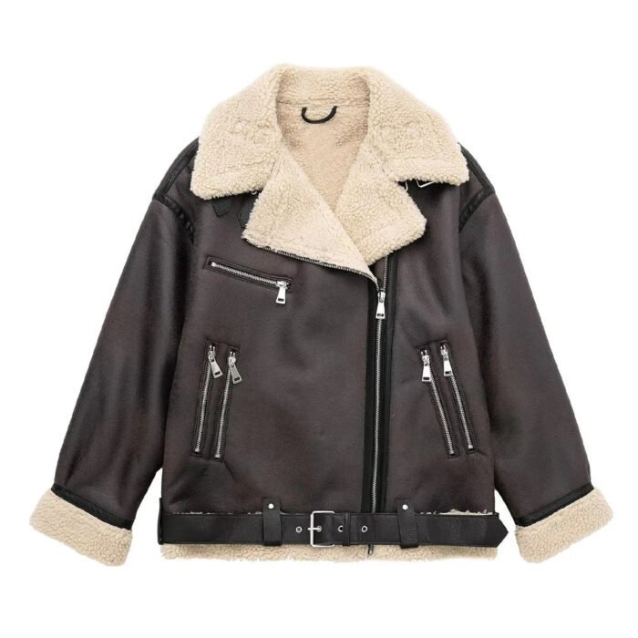 Women's Brown Aviator Jacket – Belted Faux Shearling Winter Jacket