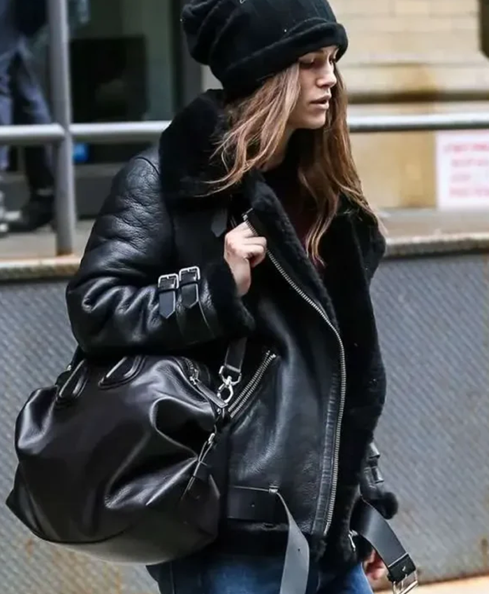 Keira Knightley Black Leather Shearling Jacket