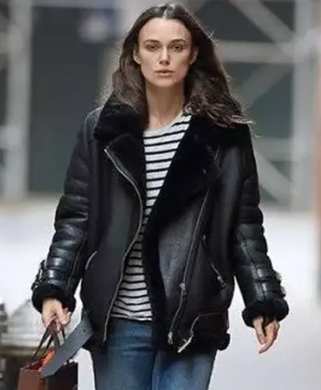 Keira Knightley Black Leather Shearling Jacket