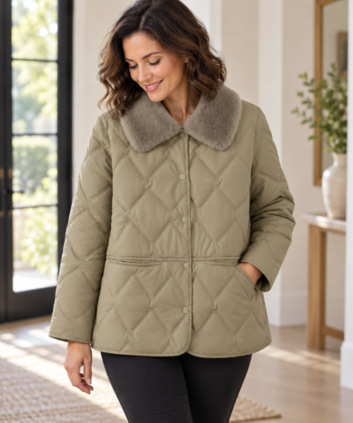 Women's Quilted Jacket – Padded Short Coat with Faux Fur Collar