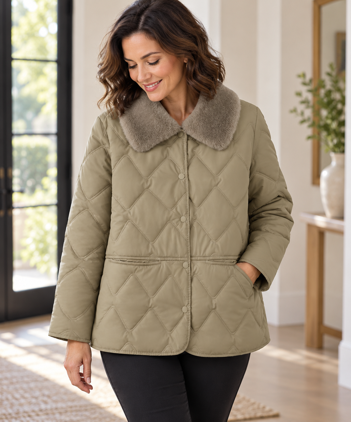 Women's Quilted Jacket – Padded Short Coat with Faux Fur Collar