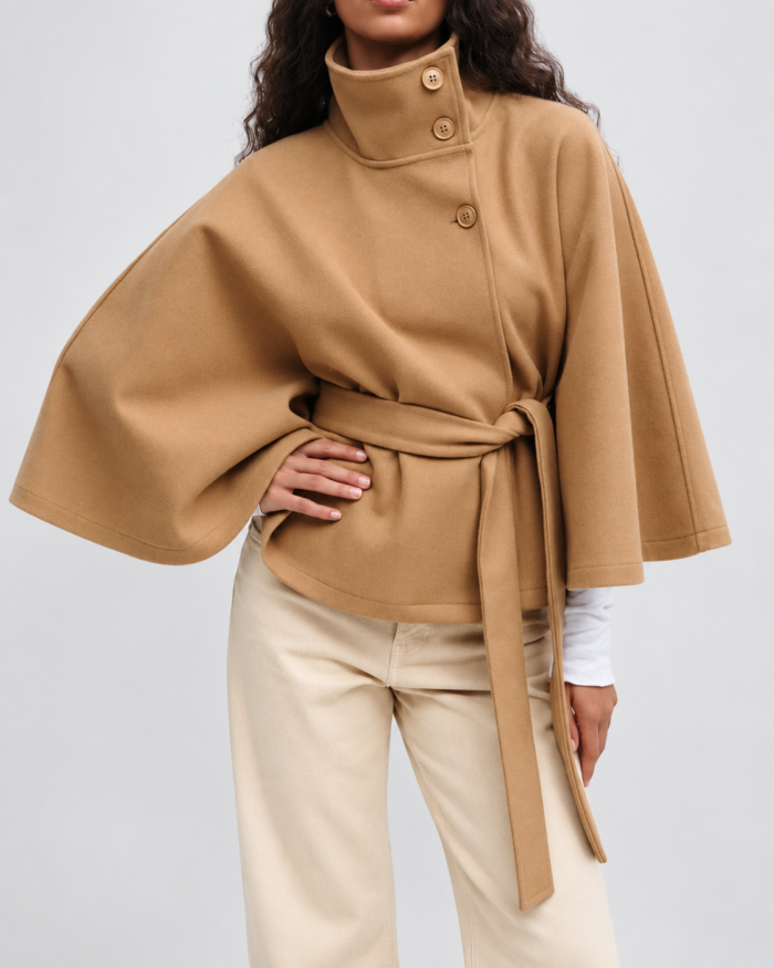 Women's Belted Cape Coat – High Collar Button Front Wool Blend Winter Coat
