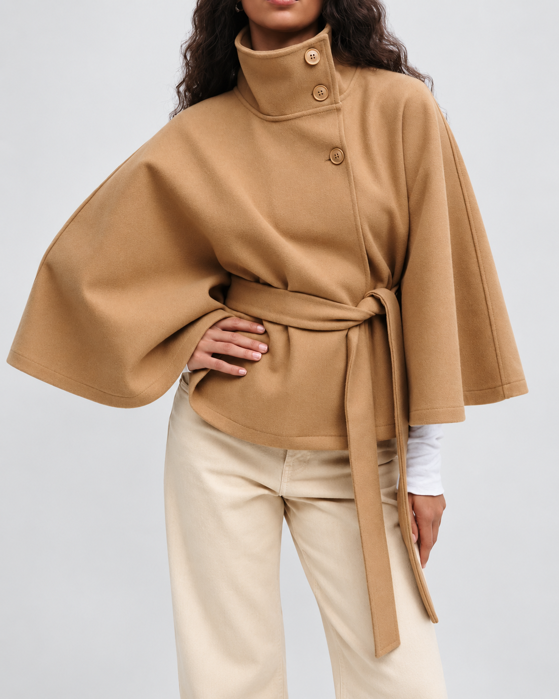 Women's Belted Cape Coat – High Collar Button Front Wool Blend Winter Coat