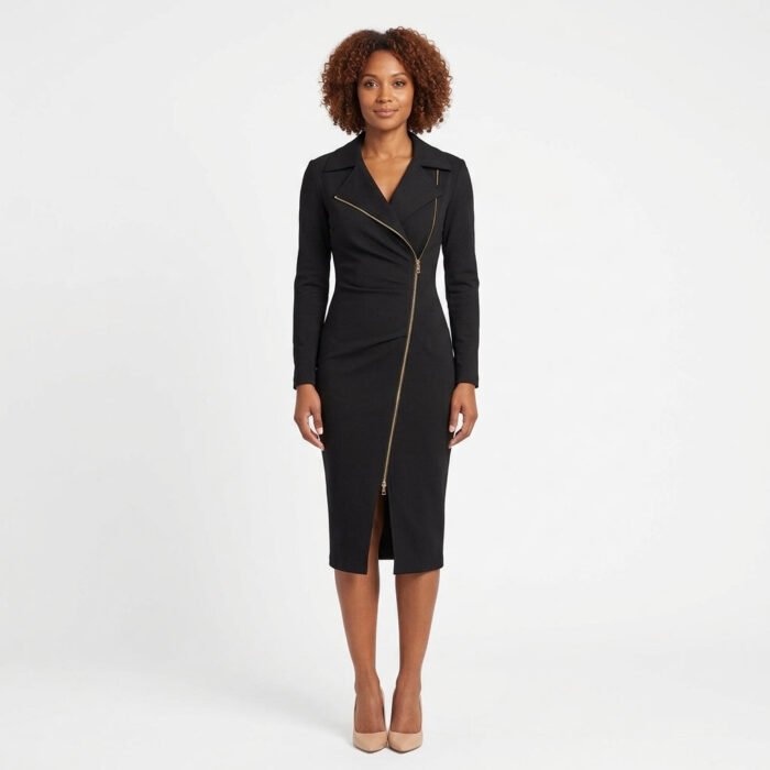 Women's Tailored Midi Dress – Asymmetric Zip Front Lapel Collar Long Sleeve Work Dress | Lucienne