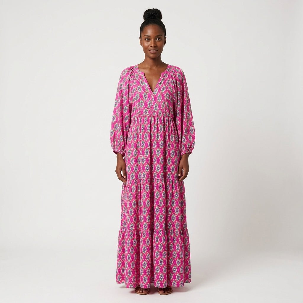 Women's Geometric Print Boho Maxi Dress – V-Neck Puff Sleeve Tiered Dress | Isabella