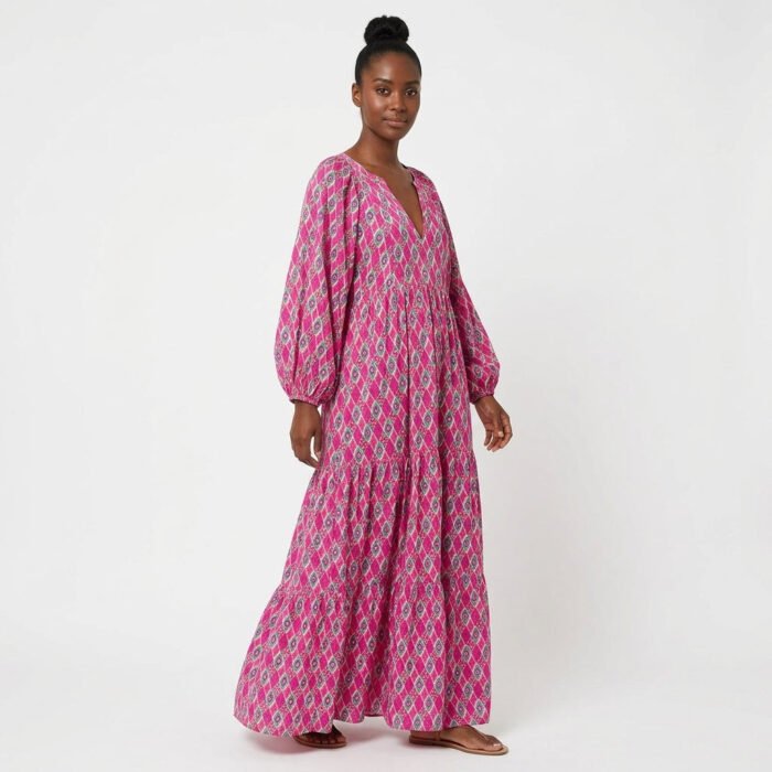 Women's Geometric Print Boho Maxi Dress – V-Neck Puff Sleeve Tiered Dress | Isabella