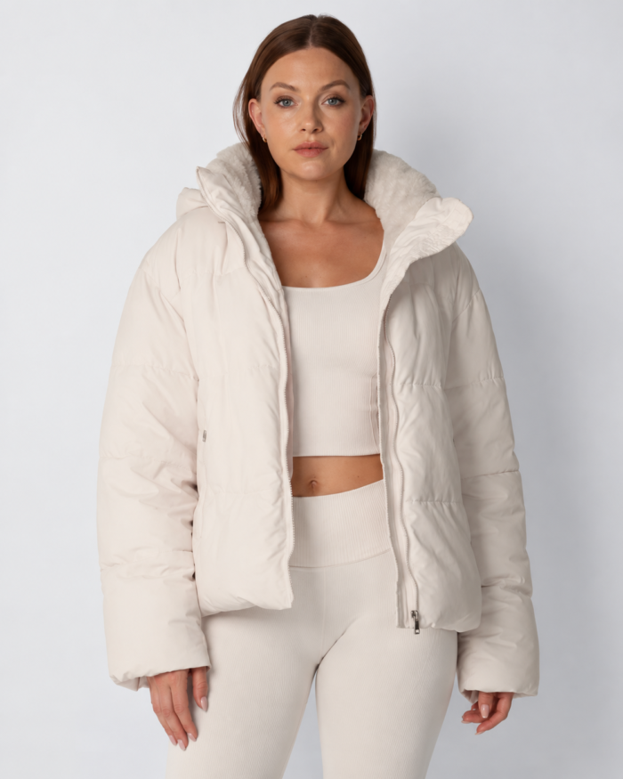 Women's Short Quilted Puffer Jacket – Detachable Hood with Faux Fur Trim