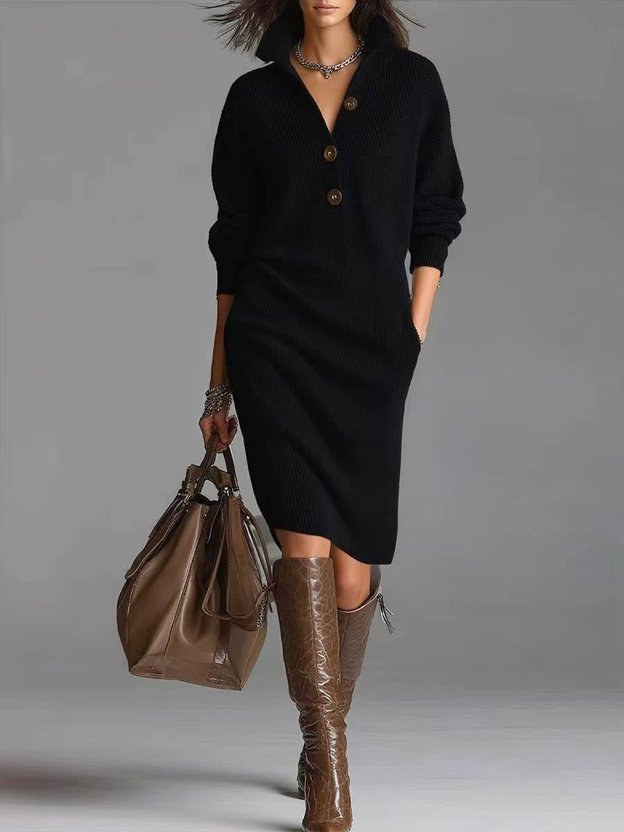 Women's Button-Up Jumper Dress – Relaxed Ribbed Knit Sweater Dress with Stand Collar & Pockets | Marlowe