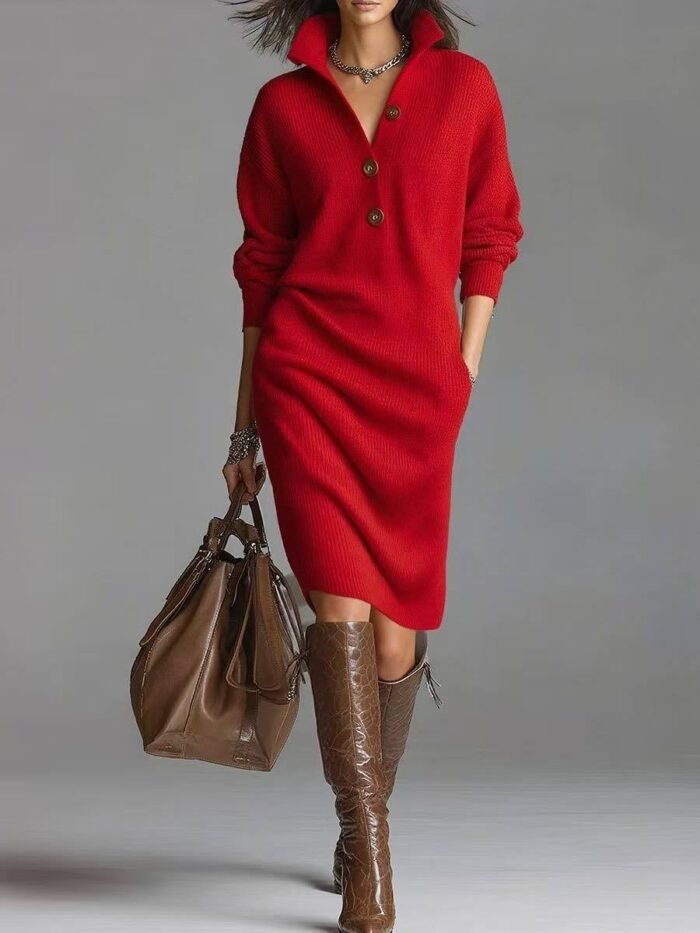 Women's Button-Up Jumper Dress – Relaxed Ribbed Knit Sweater Dress with Stand Collar & Pockets | Marlowe