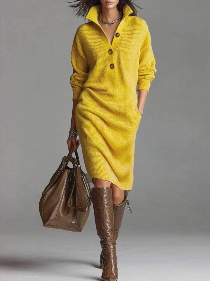 Women's Button-Up Jumper Dress – Relaxed Ribbed Knit Sweater Dress with Stand Collar & Pockets | Marlowe
