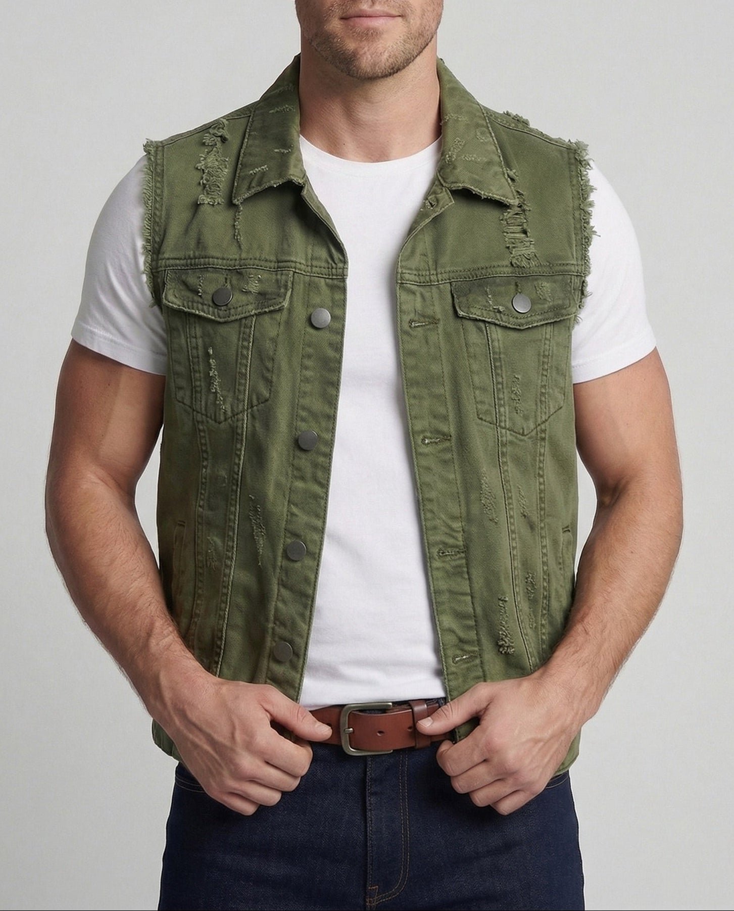 Men's Distressed Denim Vest – Button Front Sleeveless Waistcoat