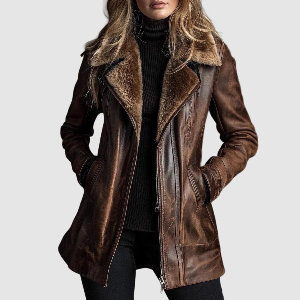 Women's Long Leather Jacket – Shearling Fur Collar Winter Coat