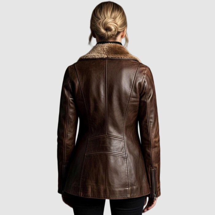 Women's Long Leather Jacket – Shearling Fur Collar Winter Coat