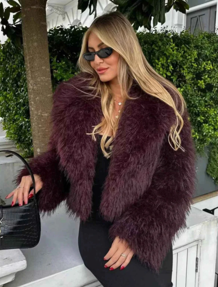 Women's Dark Red Faux Fur Jacket – Cropped Fluffy Winter Jacket