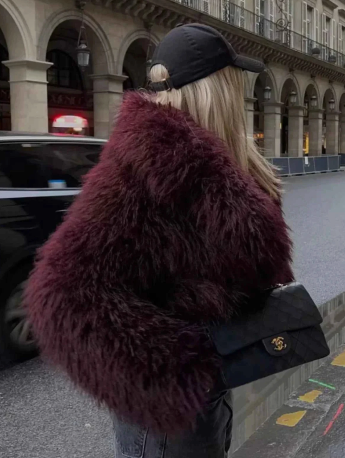 Women's Dark Red Faux Fur Jacket – Cropped Fluffy Winter Jacket